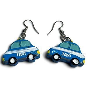 Whimsical Blue Taxi Car Earrings – Fun & Playful Statement Jewelry